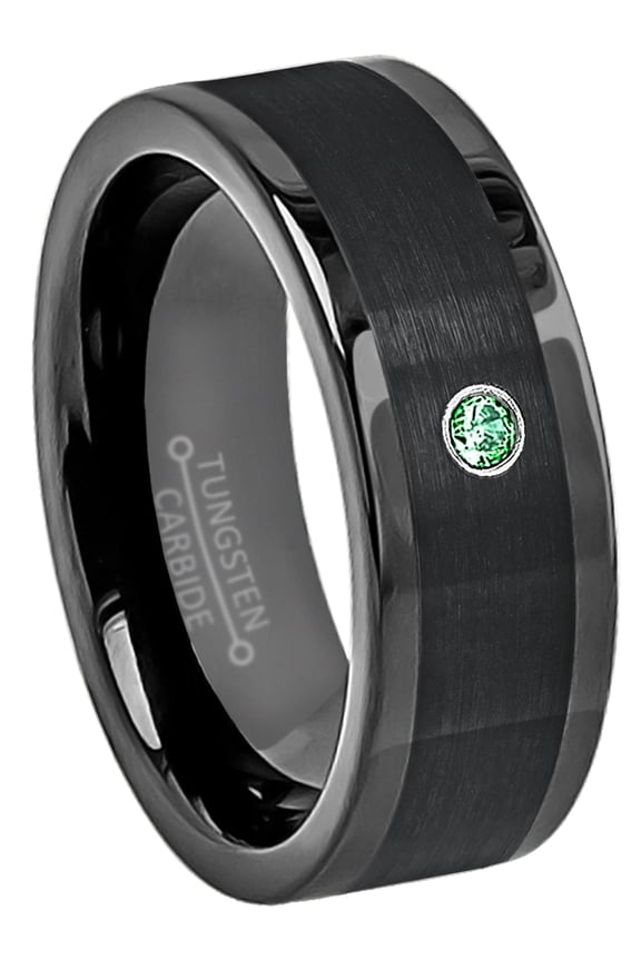 8mm Black Pipe Cut Tungsten Ring - 0.07ct Solitaire Emerald Ring - Personalized Tungsten Wedding Ring - Custom Made May Birthstone Ring TN374BS