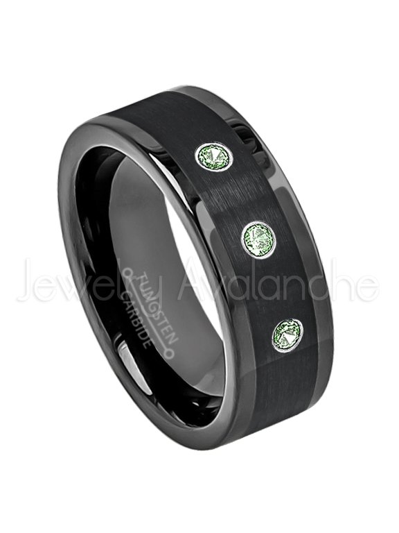 8mm Black Pipe Cut Tungsten Ring - 0.21ctw Alexandrite 3-stone Band - Personalized Tungsten Wedding Ring - Custom Made June Birthstone Ring TN374BS