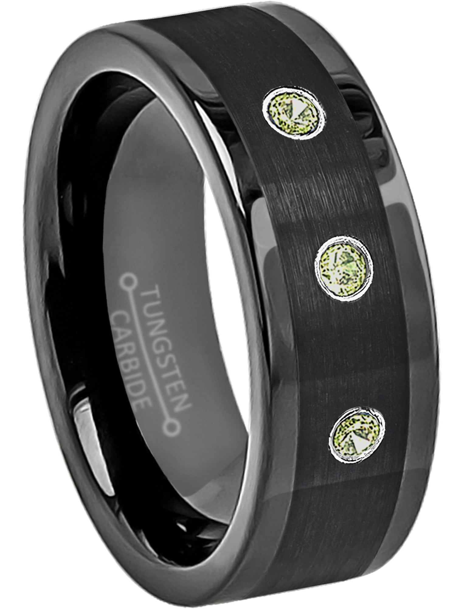 8mm Black Pipe Cut Tungsten Ring 0.21ctw Peridot 3stone Band