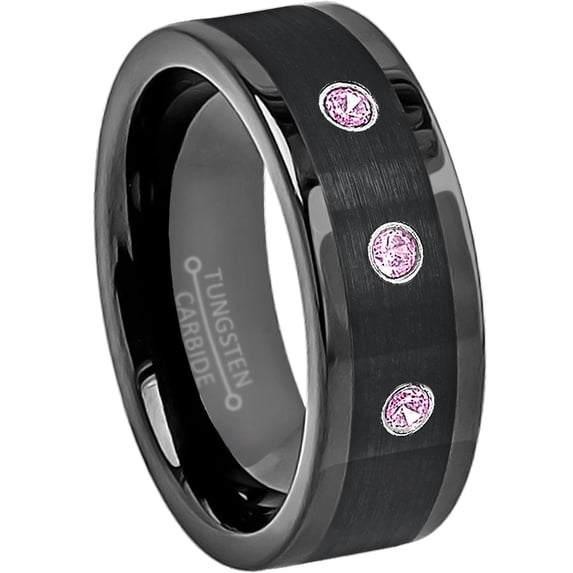 8mm Black Pipe Cut Tungsten Ring - 0.21ctw Pink Tourmaline 3-stone Band - Personalized Tungsten Wedding Ring - Custom Made October Birthstone Ring TN374BS