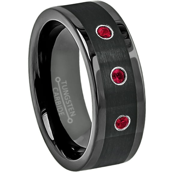 8mm Black Pipe Cut Tungsten Ring - 0.21ctw Ruby 3-stone Band - Personalized Tungsten Wedding Ring - Custom Made July Birthstone Ring TN374BS