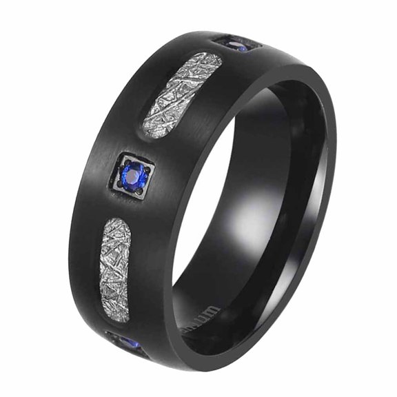 8mm Black Plated Titanium Steel Mens Ring Men Wedding Band Blue CZ Man Ring