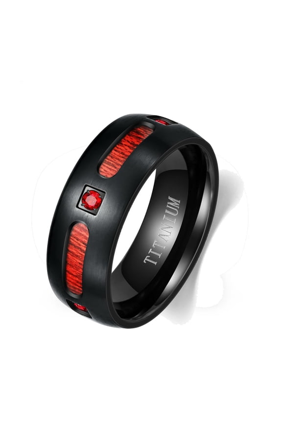 8mm Black Plated Titanium Steel Mens Ring Men Wedding Band Red Wood CZ Man Ring