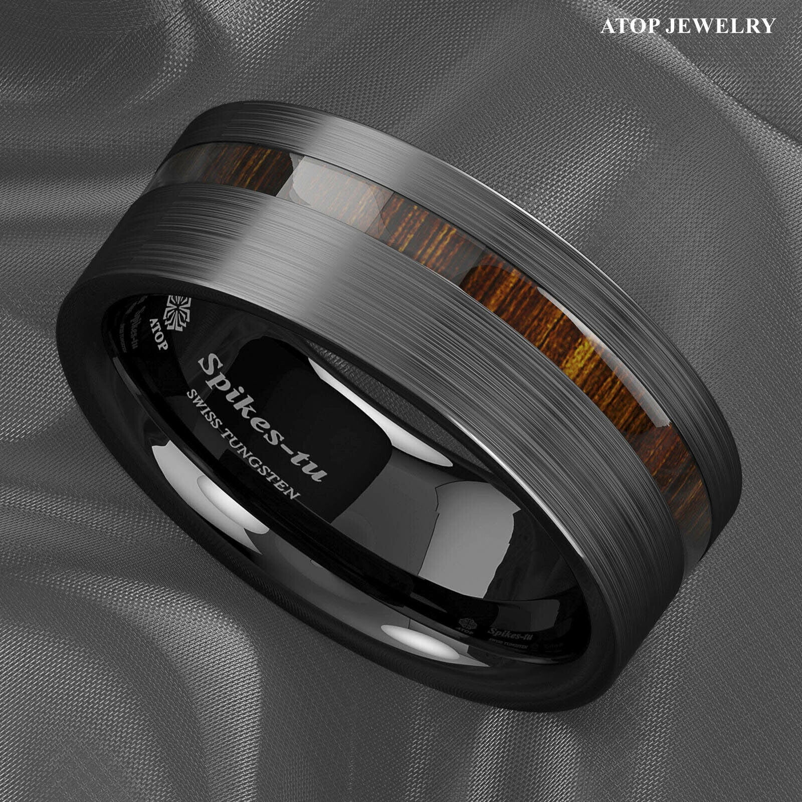 8mm Black/Silver Tungsten Carbide Ring Off Center Koa Wood Wedding Band