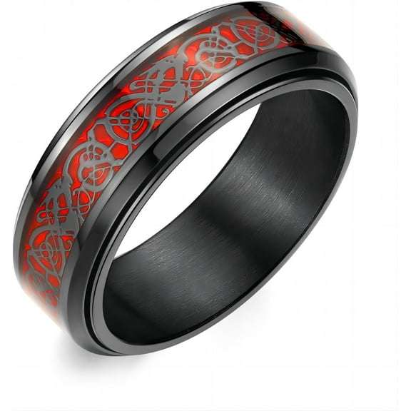 8mm Black Stainless Steel Anxiety Ring for Women Men Fidget Spinner Ring Beveled Edge Red Celtic Dragon Inlay Comfort Fit Wedding Band