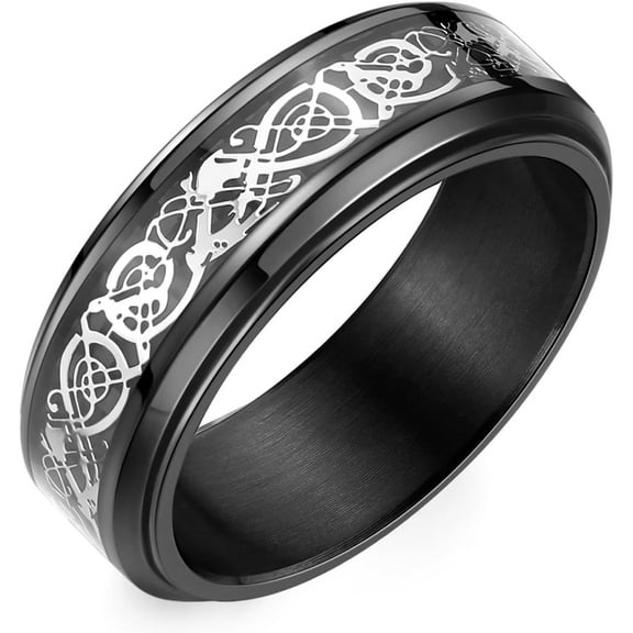 8mm Black Stainless Steel Anxiety Ring for Women Men Fidget Spinner Ring Beveled Edge Red Celtic Dragon Inlay Comfort Fit Wedding Band