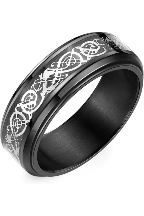 8mm Black Stainless Steel Anxiety Ring for Women Men Fidget Spinner Ring Beveled Edge Red Celtic Dragon Inlay Comfort Fit Wedding Band
