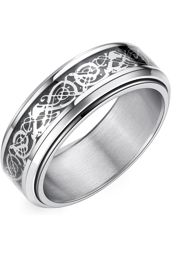 8mm Black Stainless Steel Anxiety Ring for Women Men Fidget Spinner Ring Beveled Edge Red Celtic Dragon Inlay Comfort Fit Wedding Band