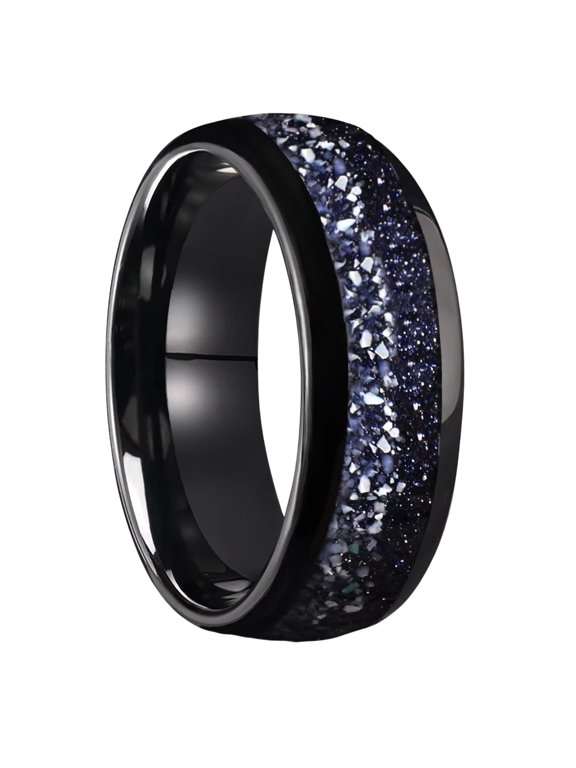 8mm Black Tungsten Carbide Ring Domed Band with Crushed White Shell & Purple Sandstone Inlay Comfort Fit