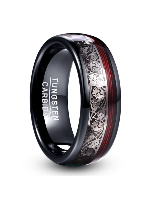 8mm Black Tungsten Carbide Ring for Men with Celtic Spiral and Red Guitar String
