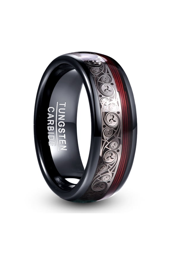 8mm Black Tungsten Carbide Ring for Men with Celtic Spiral and Red Guitar String