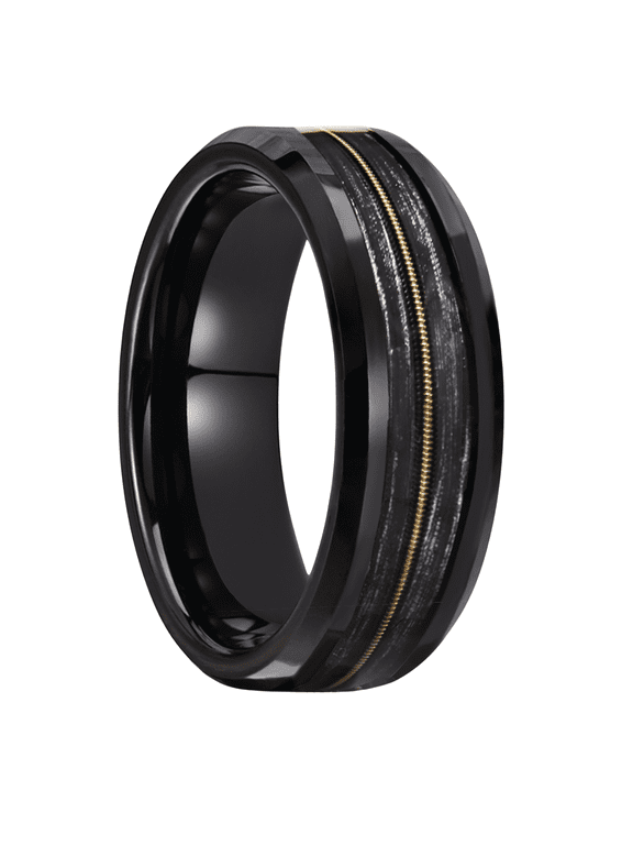 8mm Black Tungsten Carbide Ring with Gold Guitar String Inlay Brushed Finish Beveled Edge Comfort Fit Wedding Band for Men Women