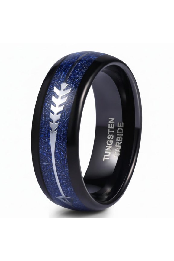 8mm Black Tungsten Carbide Ring with Silver Arrow Inlay and Blue Meteorite Texture Comfort Fit Band Size 7-13