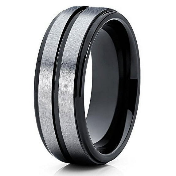 8mm Black Tungsten Carbide Wedding Ring Silver Brushed Finish Center Groove Unisex Band 7.5