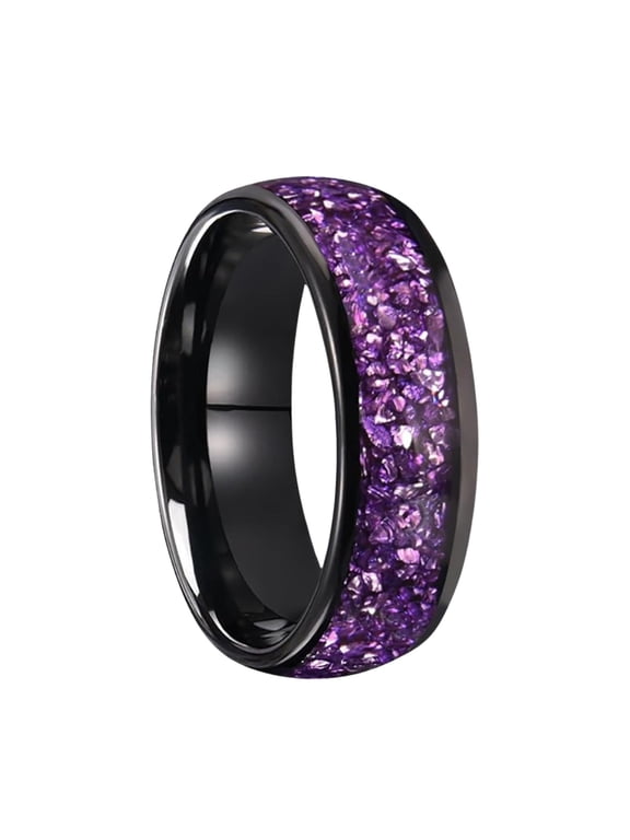 8mm Black Tungsten Carbide Wedding Ring with Purple Crystal Inlay Comfort Fit for Men and Women