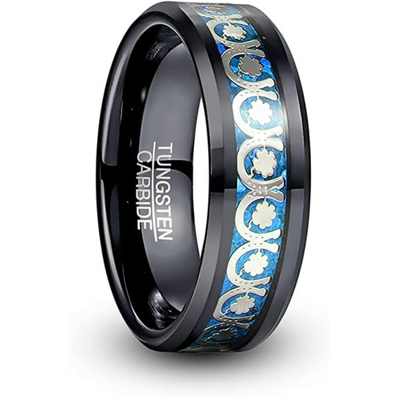 8mm Black Tungsten Carbide Wedding Rings for Men Women Horseshoe Clover and Blue Opal Sticker Inlay Polished Beveled Edges Size 7-12