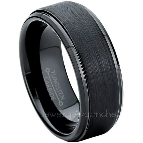 8mm Black Tungsten Ring - Brushed Finish Black Ion Plated Comfort Fit Tungsten Carbide Wedding Ring - Men's Tungsten Anniversary Ring - TN083s15