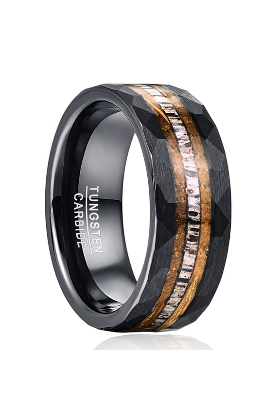 8mm Black Tungsten Ring for Men Women Inlaid Two Barrel Wood and Antler Hammer Edge Band
