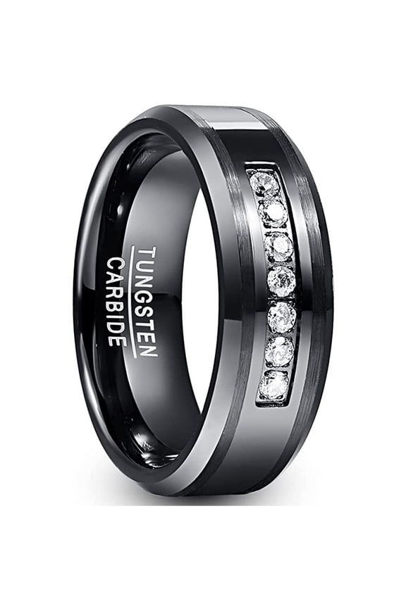 8mm Black Tungsten Rings Men's Cubic Zirconia Wedding Bands Eternity Ring Beveled Edges
