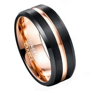 8mm Black Tungsten Rings for Men Rose Gold Groove Wedding Bands with Beveled Edges