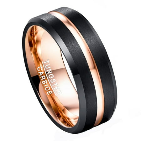 8mm Black Tungsten Rings for Men Rose Gold Groove Wedding Bands with Beveled Edges