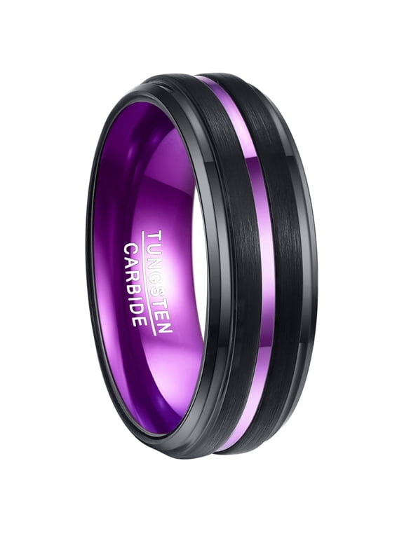 8mm Black Tungsten Rings for Men Women Purple Groove Stepped Beveled Edges Comfort Fit Wedding Bands Size 4-16