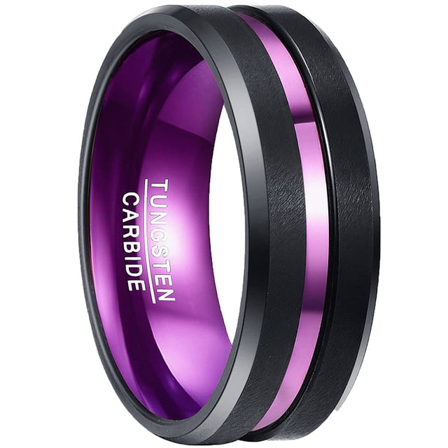 8mm Black Tungsten Carbide Domed Wedding Band Ring - Two-Tone Beveled Edges (Sizes 7-14)