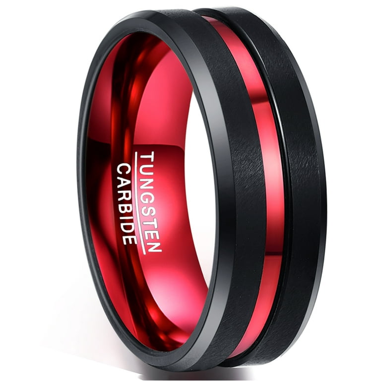 8mm Black Tungsten Rings for Men Women Red Groove Wedding Bands