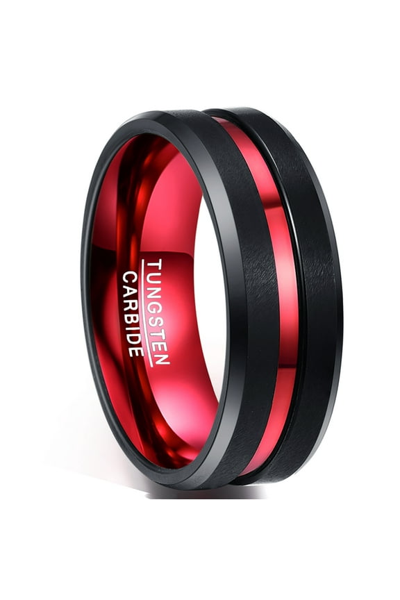 8mm Black Tungsten Rings for Men Women Red Groove Wedding Bands Beveled Edges Comfort Fit Size 4-16