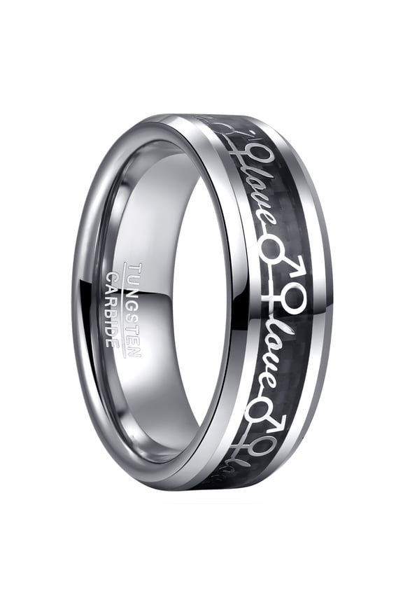 8mm Black Tungsten Rings for Women and Men Couple Love Symbol Beveled Edge Band Size 7-12