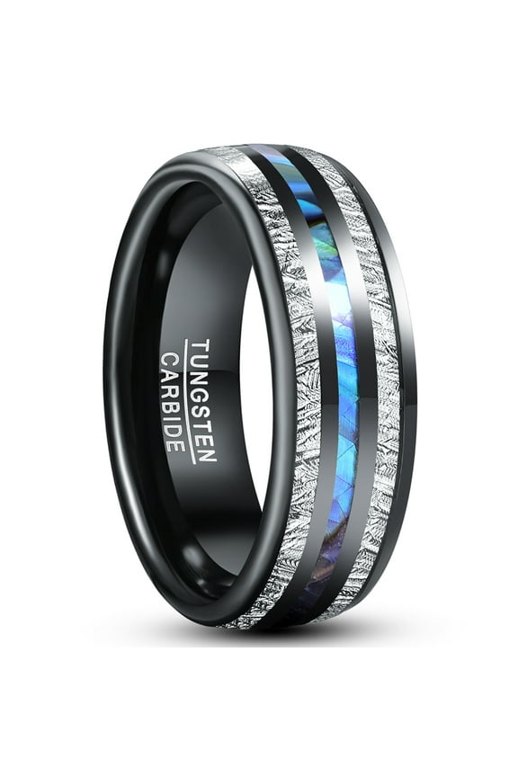 8mm Black Tungsten Rings with Abalone Shell Imitated Meteorite Inlay Wedding Bands
