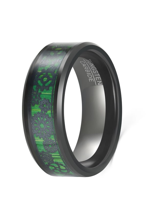 8mm Black Tungsten Rings with Green Carbon Fiber for Men Women Steampunk Gear Wheel Inlay Beveled Edges Comfort Fit Size 7-12