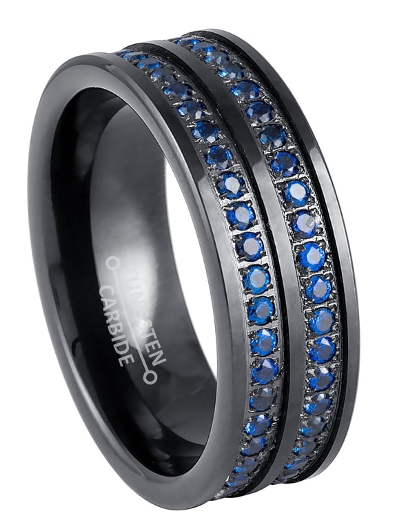 8mm Men’s Black Tungsten Eternity Wedding Band, Two Row Blue CZ, Anniversary Ring - TN1161WAs12.5