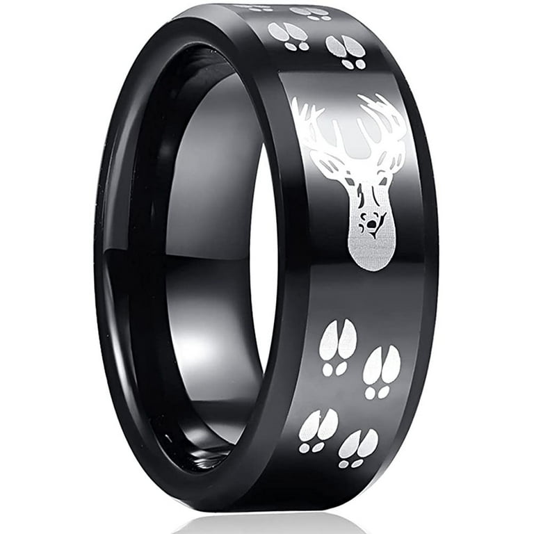 8mm Black Tungsten Wedding Band Ring with Deer Track Pattern Mens