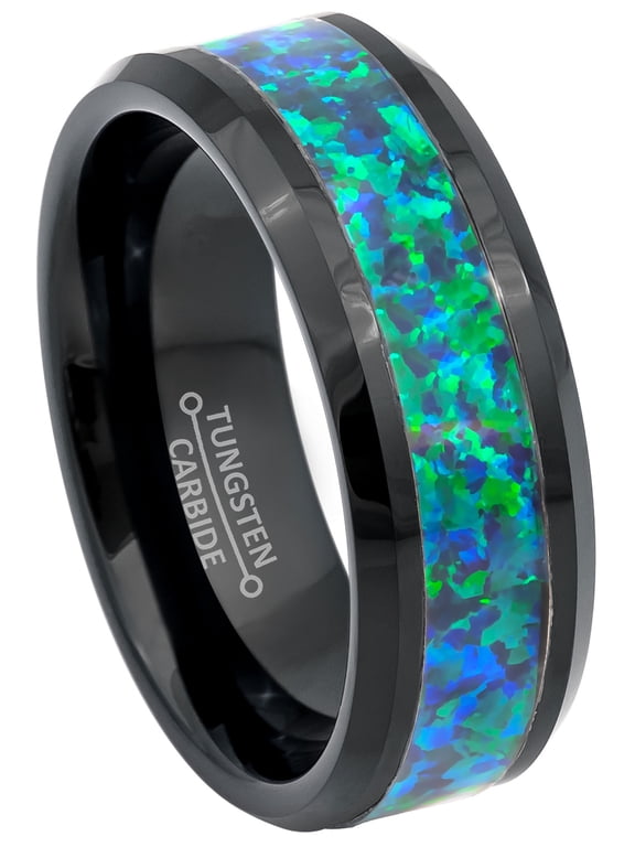 8mm Black Tungsten Wedding Band - Synthetic Emerald Green Opal Inlay Beveled Edge Comfort Fit Tungsten Carbide Ring - TN883WAs11