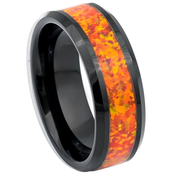 8mm Men’s Black Tungsten Wedding Band - Synthetic Orange Opal Inlay Beveled Edge Ring - TN884WAs12