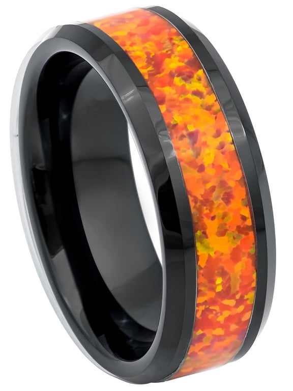 8mm Men’s Black Tungsten Wedding Band - Synthetic Orange Opal Inlay Beveled Edge Ring - TN884WAs9