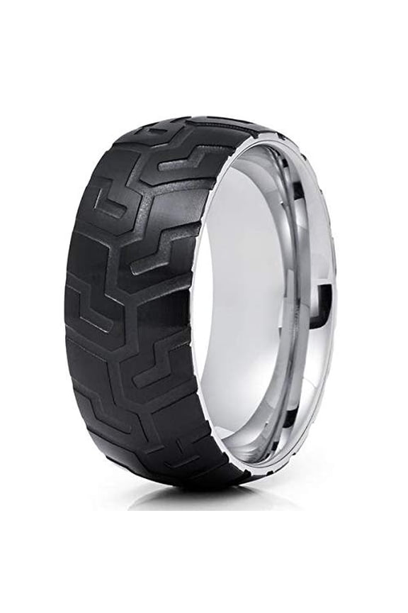 8mm- Black Tungsten Wedding Band - Tire Ring - Tire Design Ring - Tungsten (8.5)