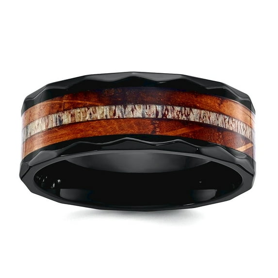 8mm Black Zirconium Polished Faceted With Wood and Deer Antler Inset Band Size 9 Ring for Women and Men