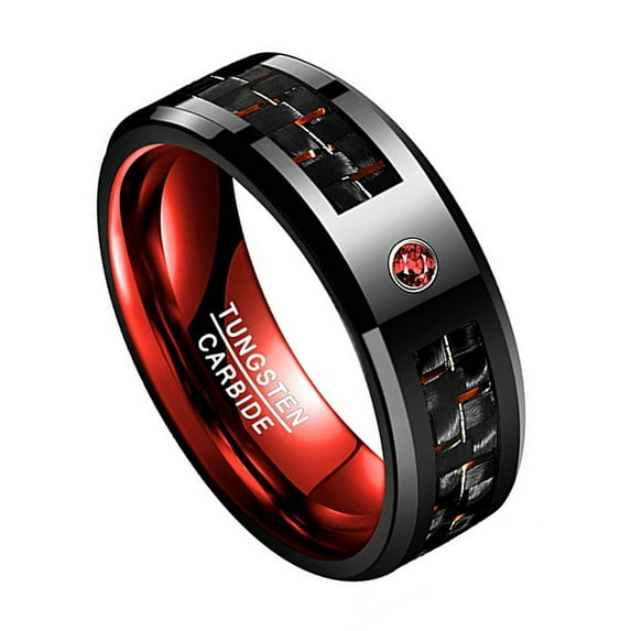 8mm Black and Red Tungsten Carbide Wedding Band Rings for Men CZ and Carbon Fiber Inlay Size 7-12
