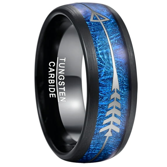 8mm Black with Blue Unisex Tungsten Wedding Ring Imitated Meteorite and Arrows Inlay