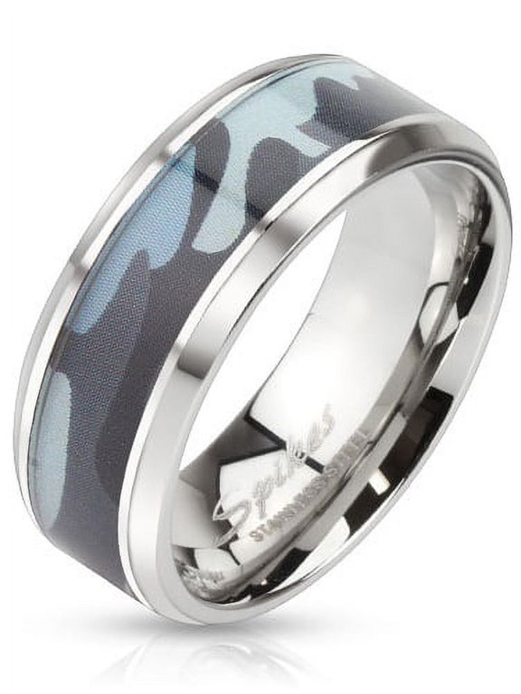 8mm Blue Camouflage Inlay Stainless Steel Beveled Edge Band Ring (SIZE: 9)