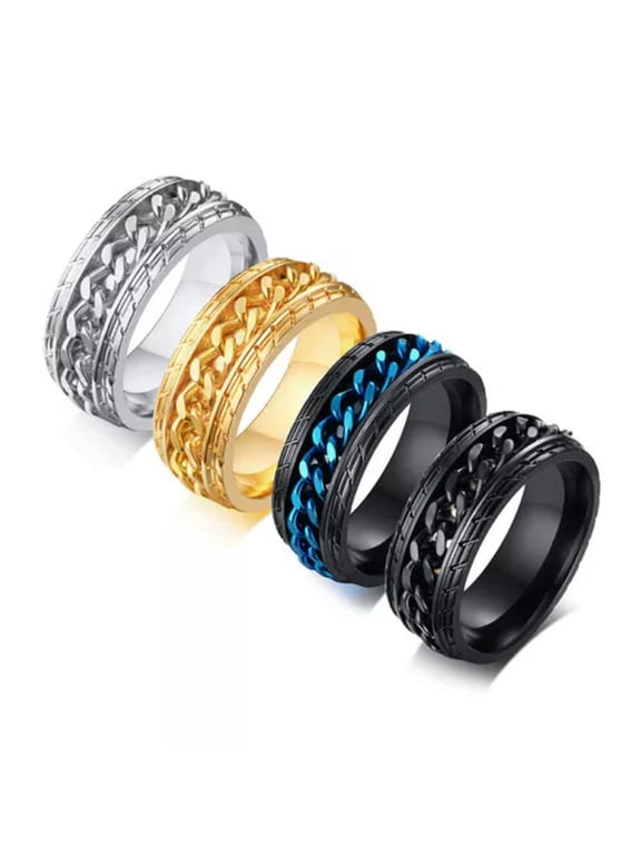 8mm Blue/Gold/Black/Silver Chain Bands Male Stainless Steel Spinner Ring Sz 7-12