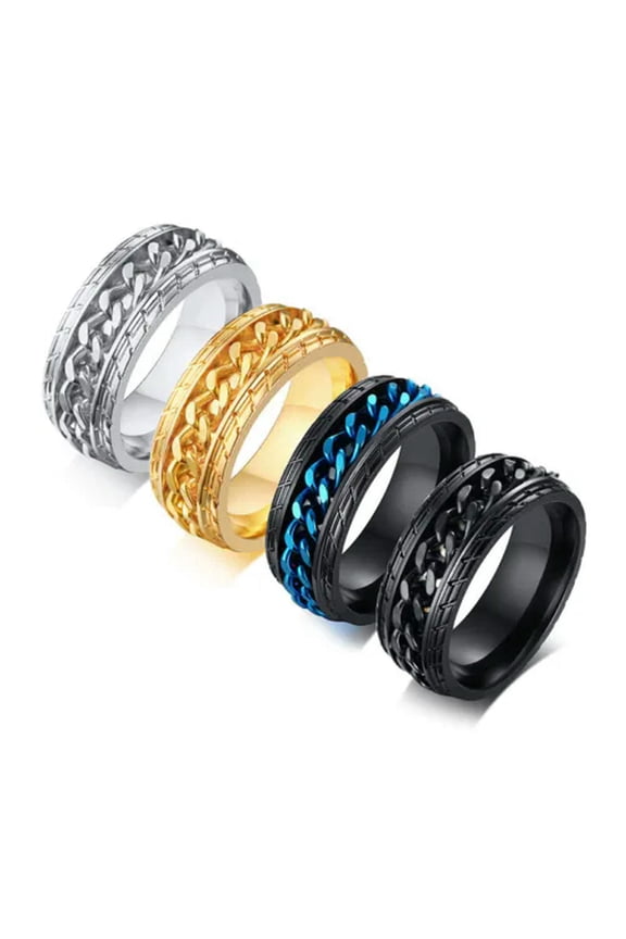 8mm Blue/Gold/Black/Silver Chain Bands Male Stainless Steel Spinner Ring Sz 7-12