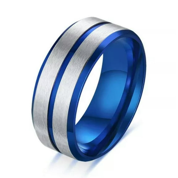 8mm Blue Plating Stainless Steel Band for Men Silver Matte Finished Ring Sz 7-12