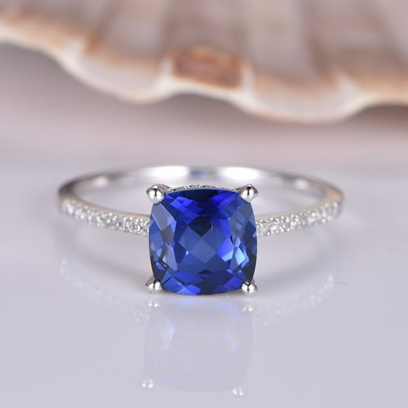 8mm Blue Sapphire Ring Cushion Cut Sapphire Engagement Ring 925 Silver ring