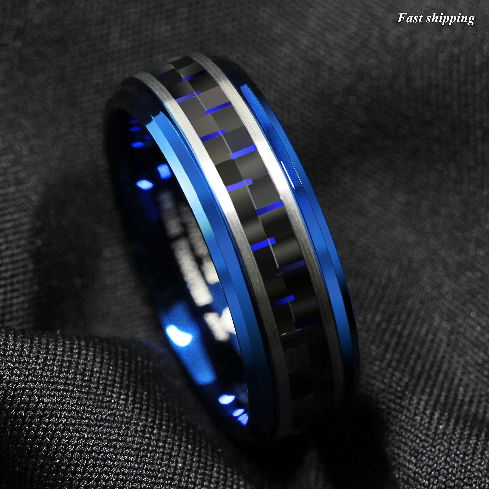 8mm Blue Tungsten Ring Black and Blue Carbon Fiber Wedding Band Men
