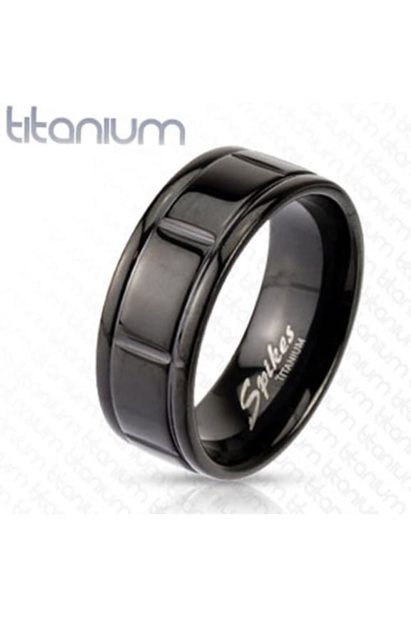 8mm Box Grooved Solid Titanium Black IP Band Men's Ring (SIZE: 9)