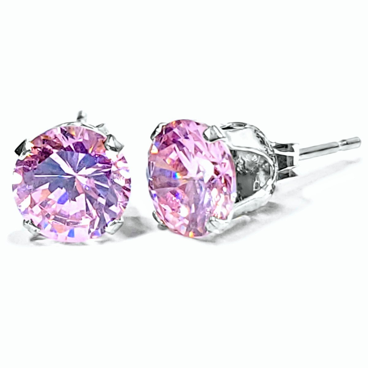8mm Brilliant Cut Pink Tourmaline Ice CZ Sterling Silver Unisex Stud Earrings