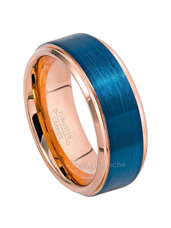 8mm Brushed 2-Tone Blue & Rose Gold IP Tungsten Carbide Wedding Band Engagement Ring Comfort Fit - #862PLs9